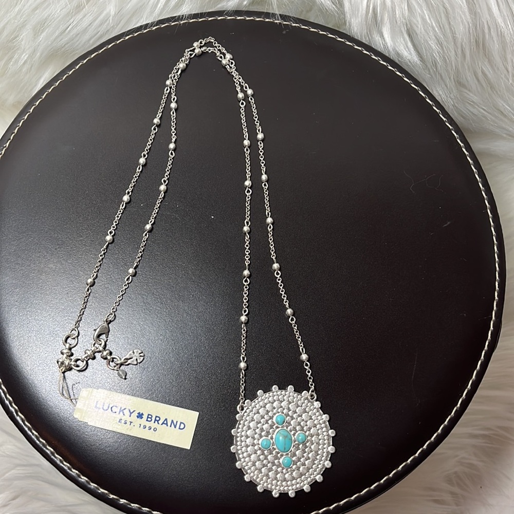 Lucky Brand Turquoise Necklace Silver Medallion with Turquoise Stone Accents NWT